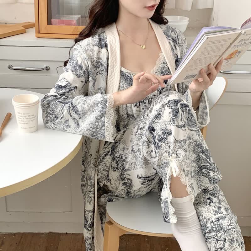 Ink Wash Landscape Lace Trim Pajamas(3PCS)
