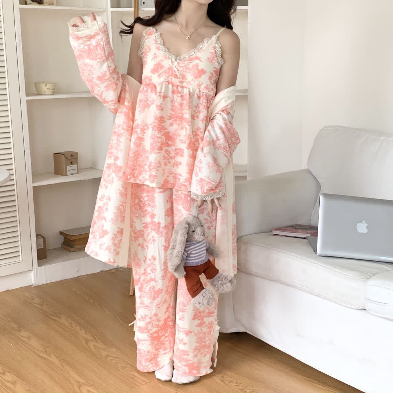 Ink Wash Landscape Lace Trim Pajamas(3PCS)