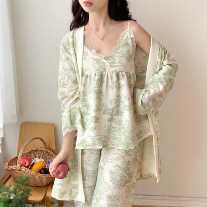 Ink Wash Landscape Lace Trim Pajamas(3PCS)