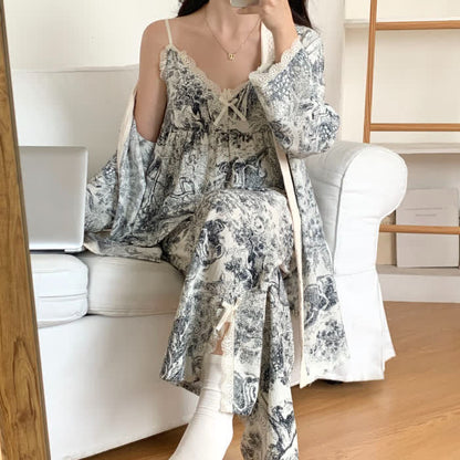 Ink Wash Landscape Lace Trim Pajamas(3PCS)