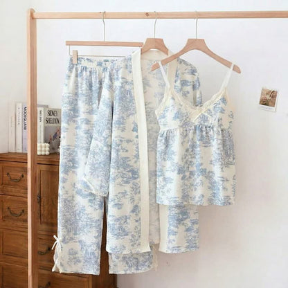 Ink Wash Landscape Lace Trim Pajamas(3PCS)