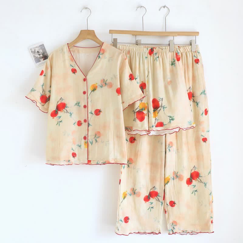 Pomegranate Print Cotton V-Neck Pajama Set(3PCS)