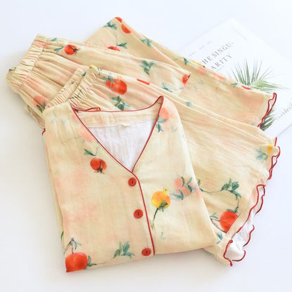 Pomegranate Print Cotton V-Neck Pajama Set(3PCS)