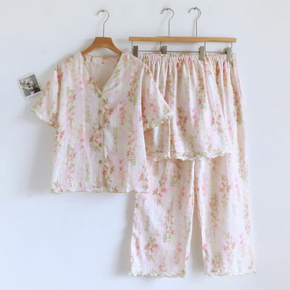 Romantic Rose Cotton V-Neck Pajama Set(3PCS)