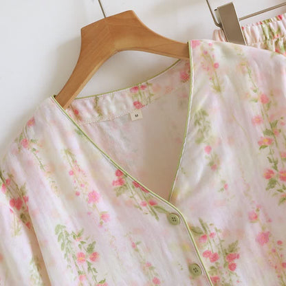Romantic Rose Cotton V-Neck Pajama Set(3PCS)
