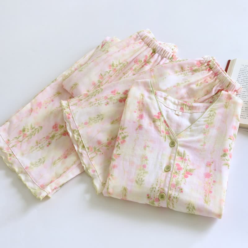 Romantic Rose Cotton V-Neck Pajama Set(3PCS)