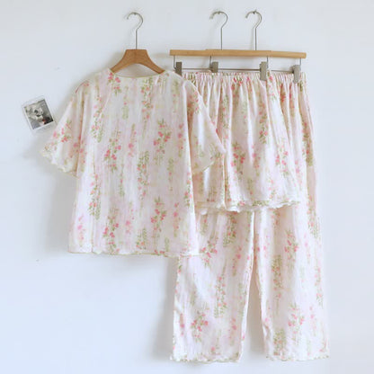 Romantic Rose Cotton V-Neck Pajama Set(3PCS)