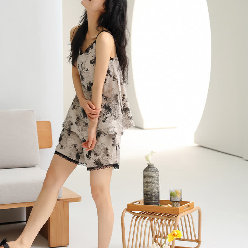 Black Floral Cotton Cami & Shorts Pajamas