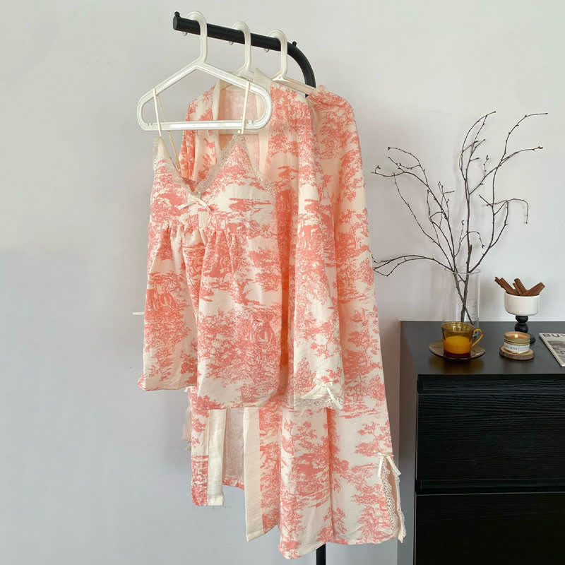 Ink Wash Landscape Lace Trim Pajamas(3PCS)