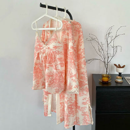 Ink Wash Landscape Lace Trim Pajamas(3PCS)