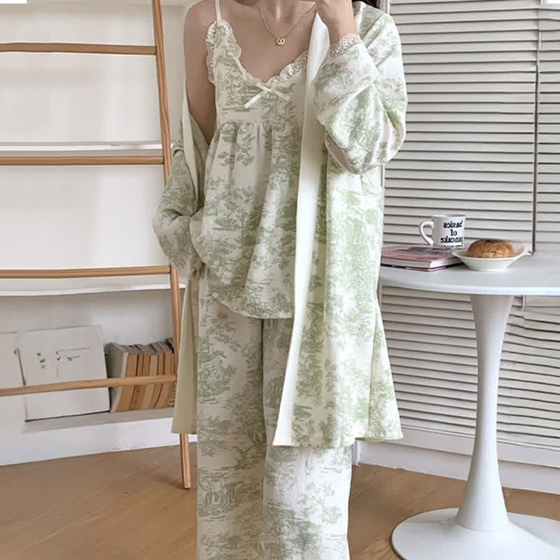 Ink Wash Landscape Lace Trim Pajamas(3PCS)