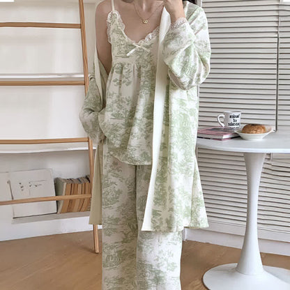 Ink Wash Landscape Lace Trim Pajamas(3PCS)