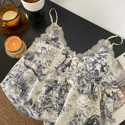 Ink Wash Landscape Lace Trim Pajamas(3PCS)