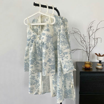 Ink Wash Landscape Lace Trim Pajamas(3PCS)