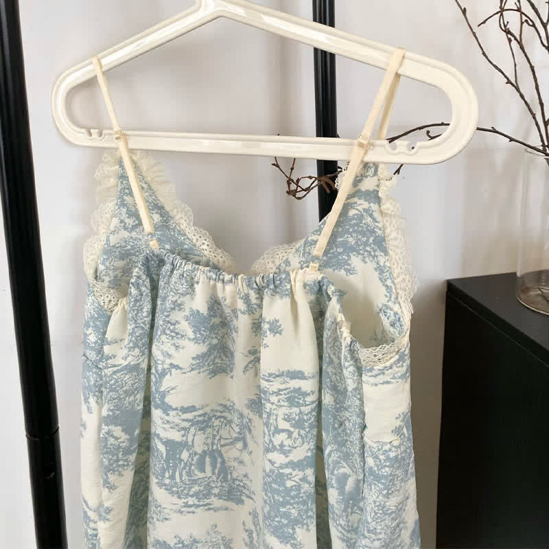 Ink Wash Landscape Lace Trim Pajamas(3PCS)