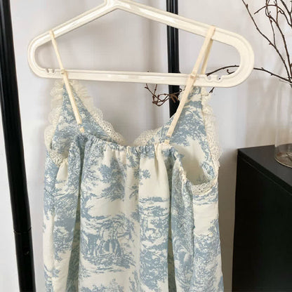 Ink Wash Landscape Lace Trim Pajamas(3PCS)