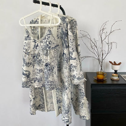 Ink Wash Landscape Lace Trim Pajamas(3PCS)