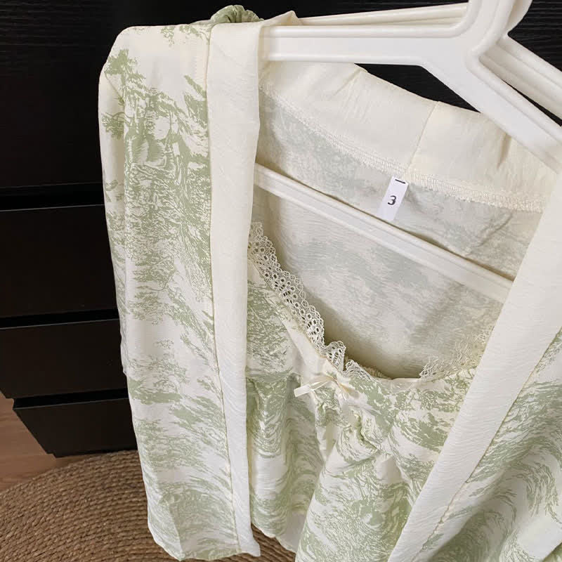 Ink Wash Landscape Lace Trim Pajamas(3PCS)
