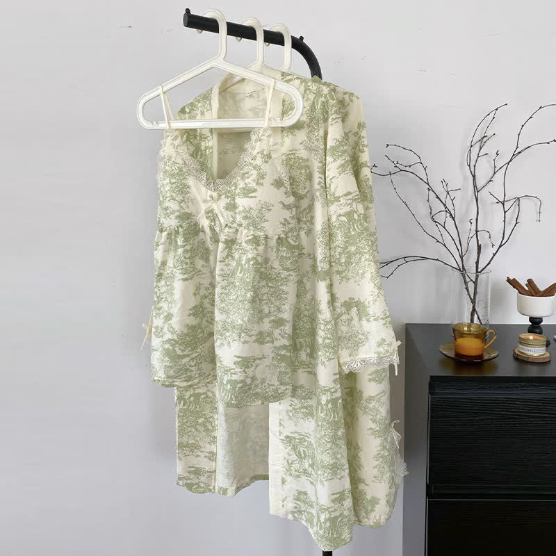 Ink Wash Landscape Lace Trim Pajamas(3PCS)