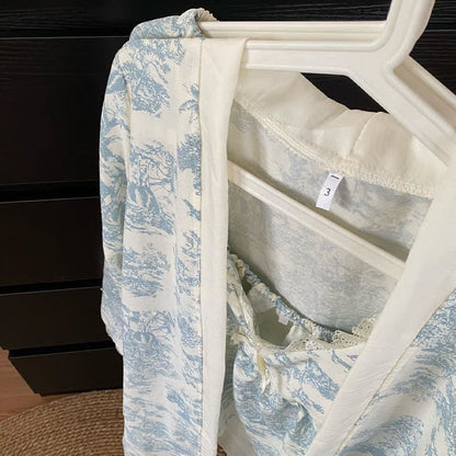 Ink Wash Landscape Lace Trim Pajamas(3PCS)