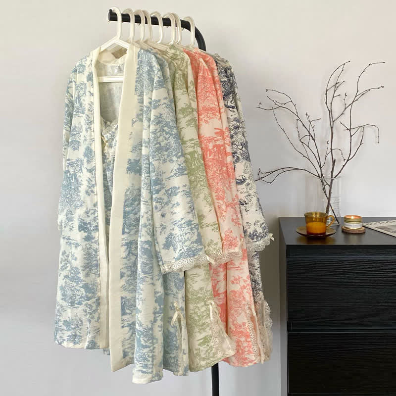 Ink Wash Landscape Lace Trim Pajamas(3PCS)
