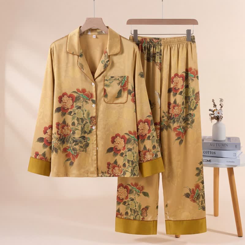 Luxurious Floral & Green Leaf Pajama Set