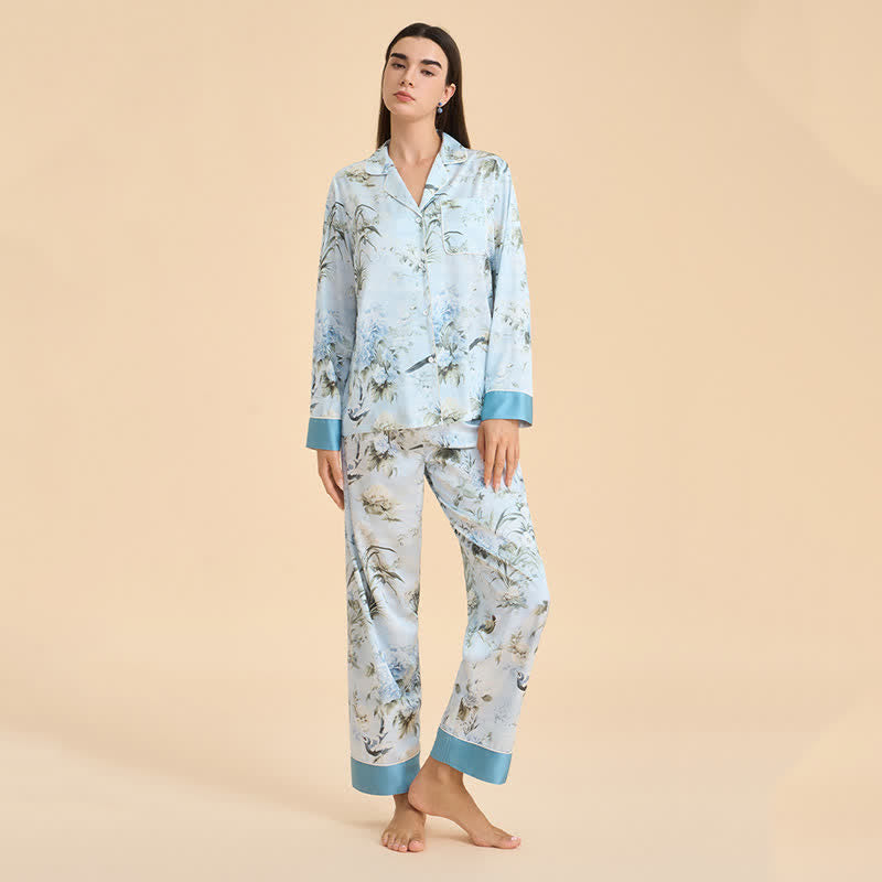 Elegant Floral & Bird Print Pajama Set