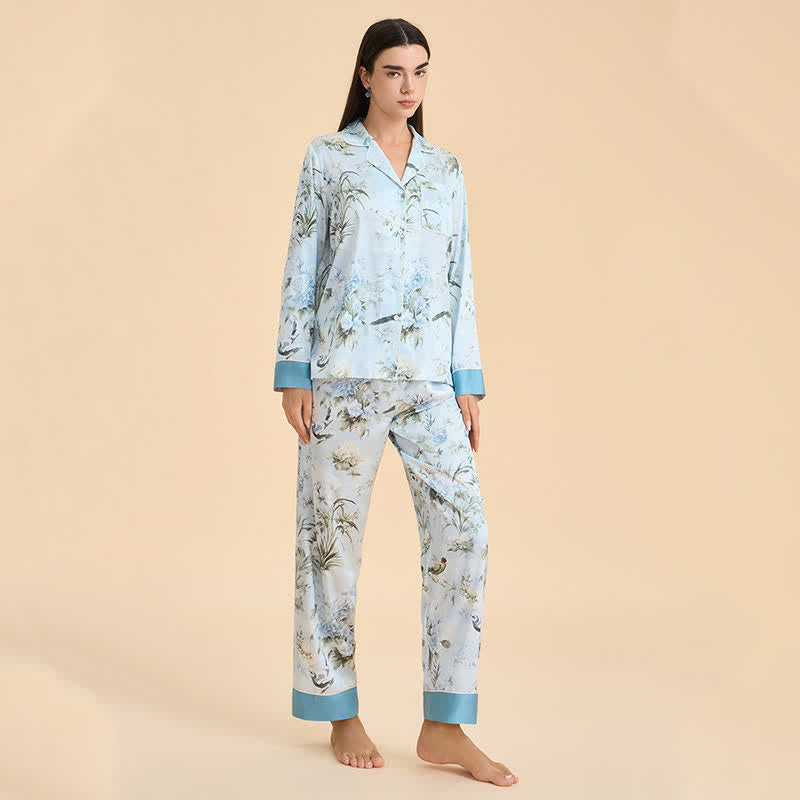 Elegant Floral & Bird Print Pajama Set