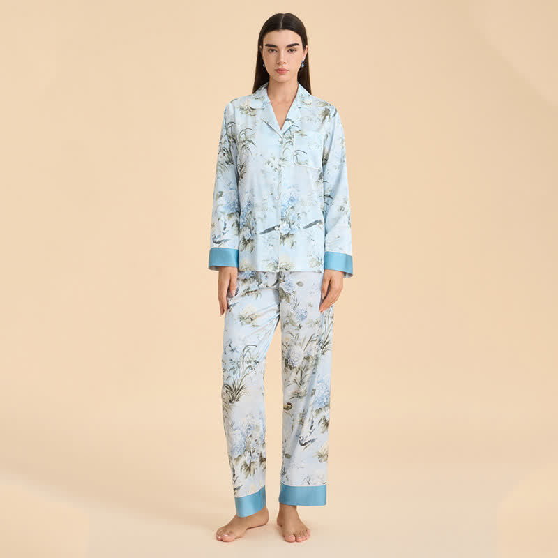 Elegant Floral & Bird Print Pajama Set