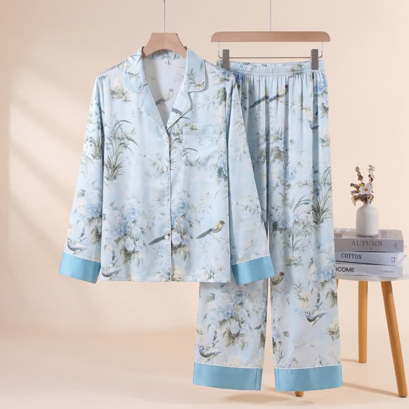 Elegant Floral & Bird Print Pajama Set