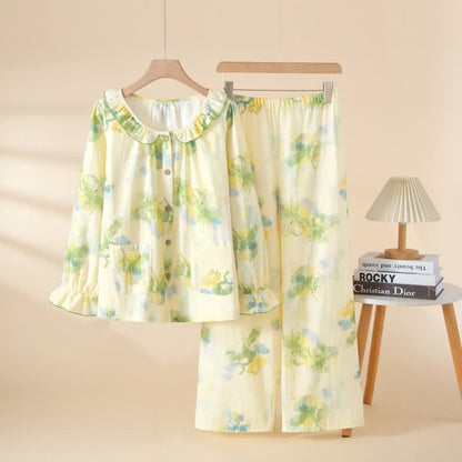 Floral Ruffled Cotton Gauze Pajama Set