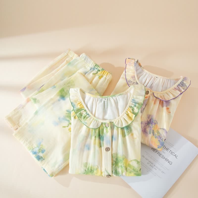 Floral Ruffled Cotton Gauze Pajama Set