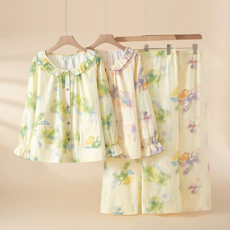 Floral Ruffled Cotton Gauze Pajama Set