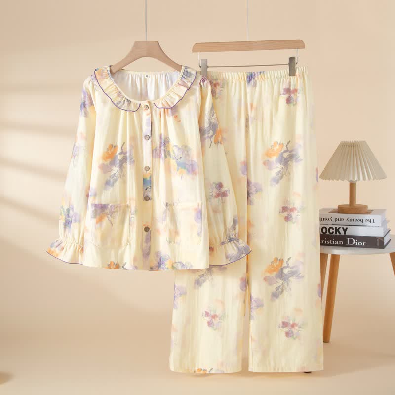 Floral Ruffled Cotton Gauze Pajama Set