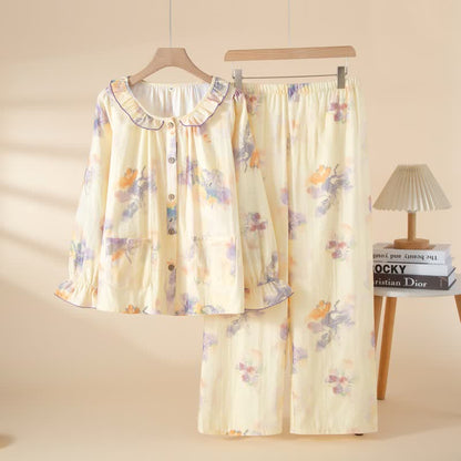 Floral Ruffled Cotton Gauze Pajama Set