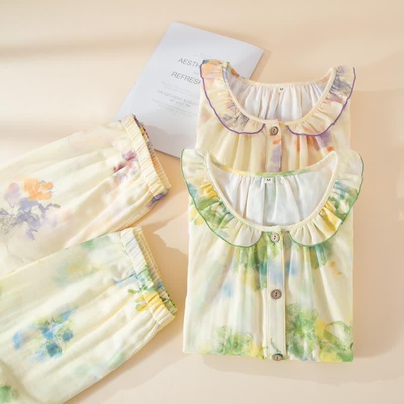 Floral Ruffled Cotton Gauze Pajama Set