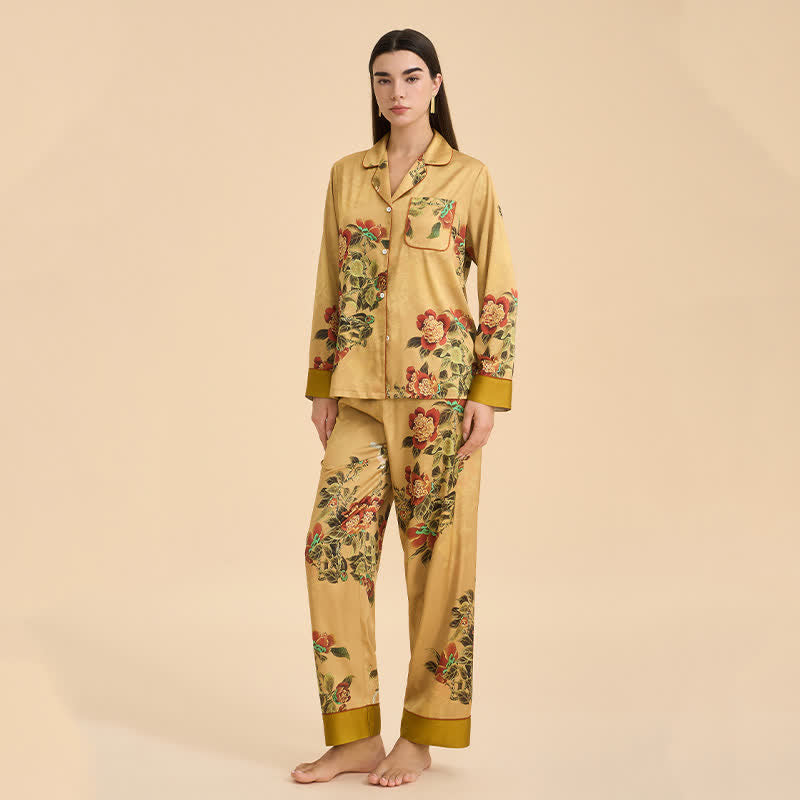 Luxurious Floral & Green Leaf Pajama Set