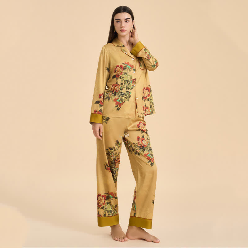 Luxurious Floral & Green Leaf Pajama Set