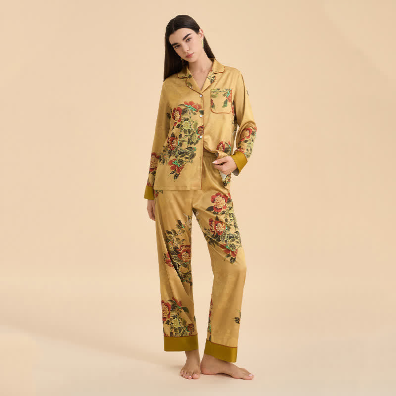 Luxurious Floral & Green Leaf Pajama Set