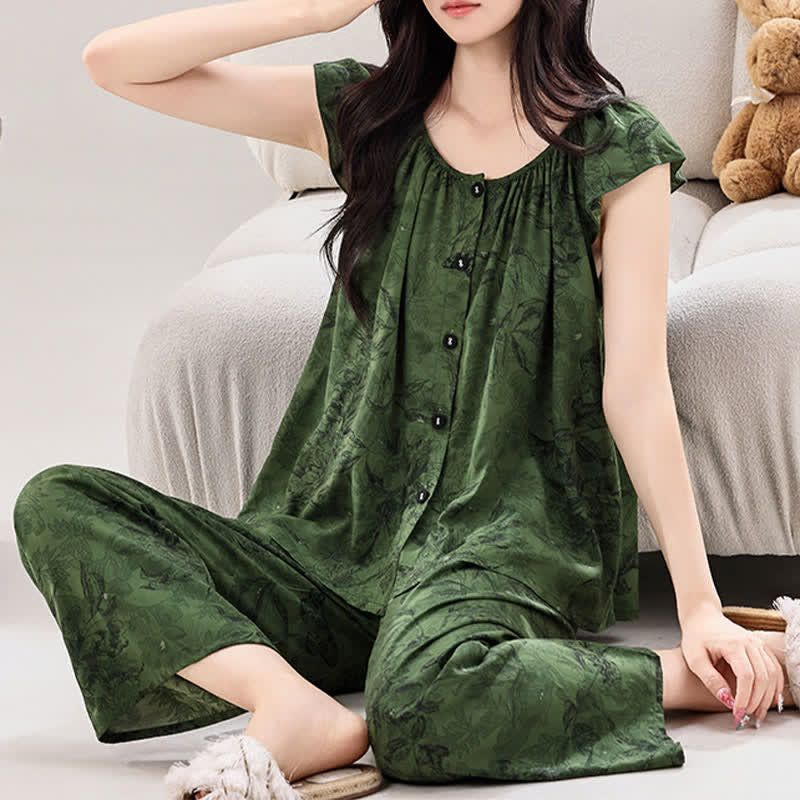 Green Floral Ruffle Sleeve Loungewear Set