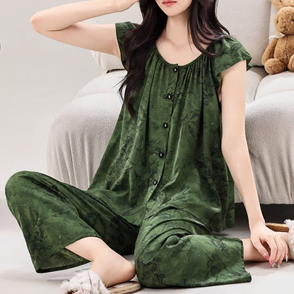 Green Floral Ruffle Sleeve Loungewear Set