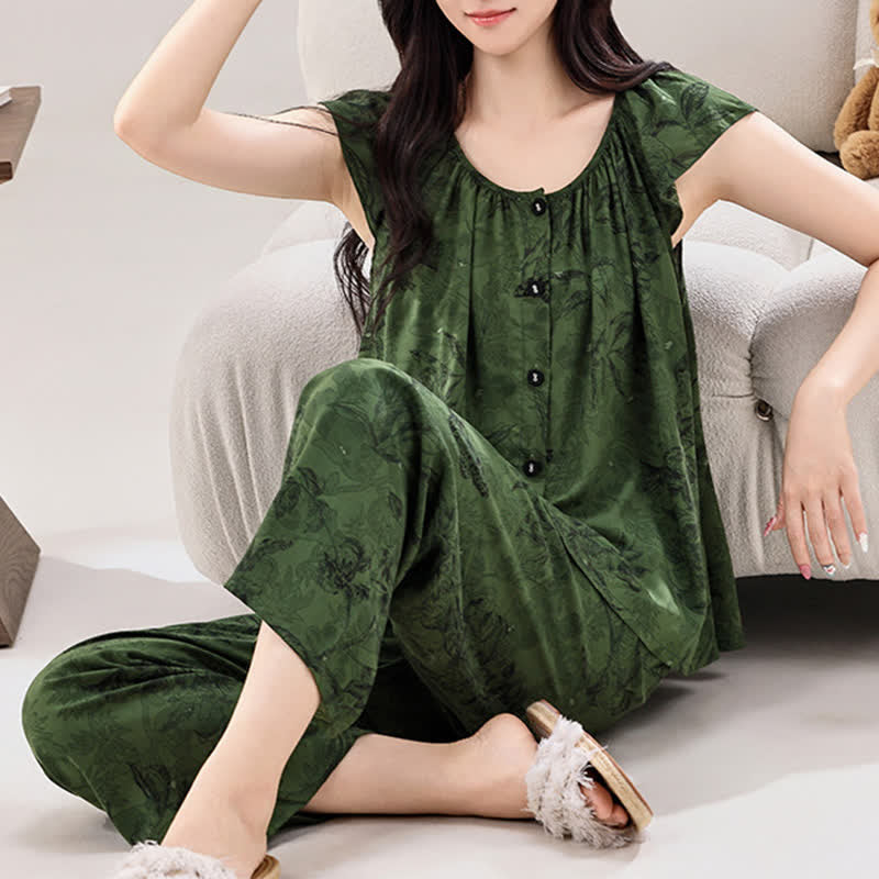 Green Floral Ruffle Sleeve Loungewear Set