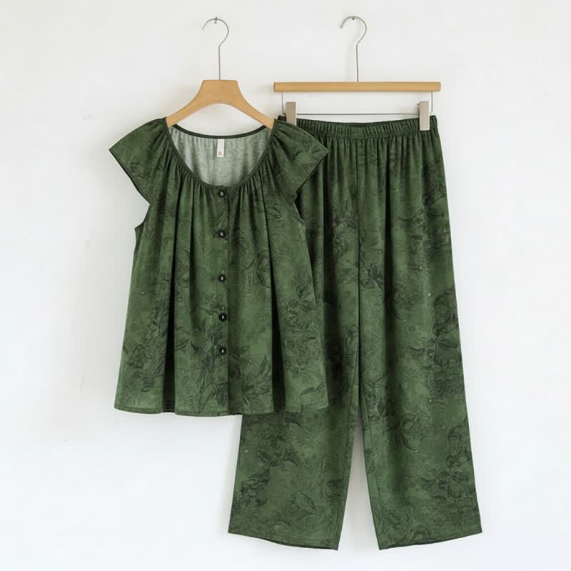 Green Floral Ruffle Sleeve Loungewear Set