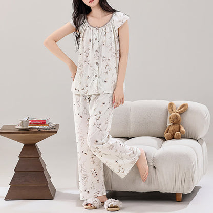 Elegant Branch Button Front Loungewear Set