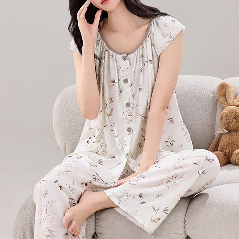 Elegant Branch Button Front Loungewear Set