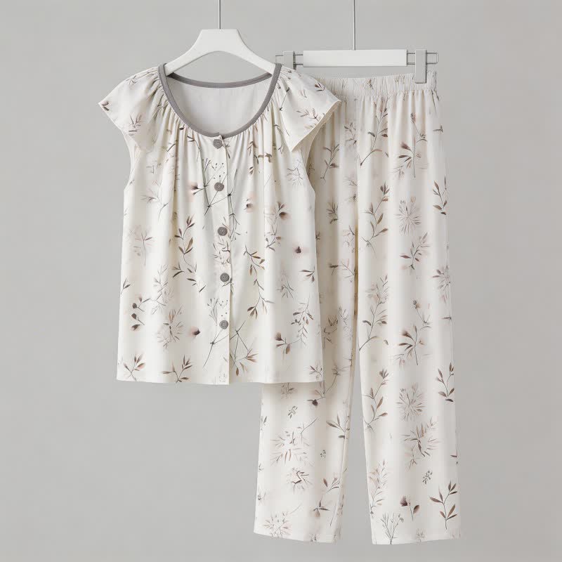 Elegant Branch Button Front Loungewear Set