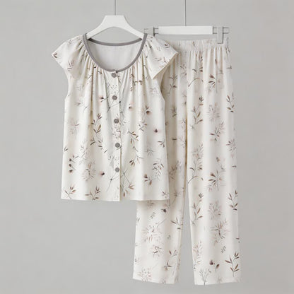 Elegant Branch Button Front Loungewear Set