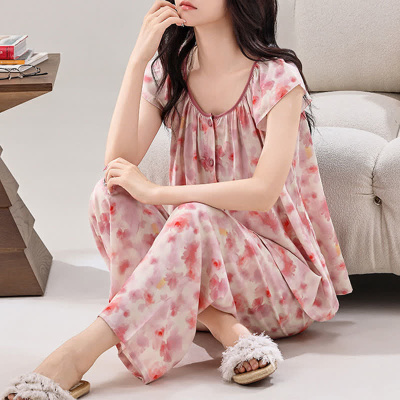 Pink Floral Button Front Loungewear Set