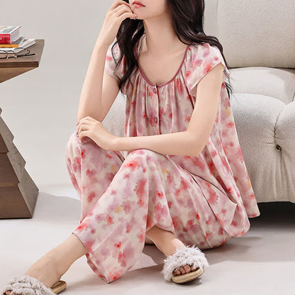 Pink Floral Button Front Loungewear Set