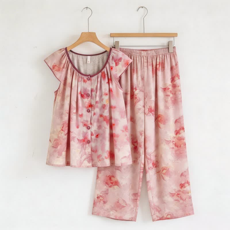 Pink Floral Button Front Loungewear Set